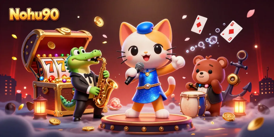Nohu90 offers an exciting casino ambiance with a vibrant illustration of characters engaging in thrilling game activities.