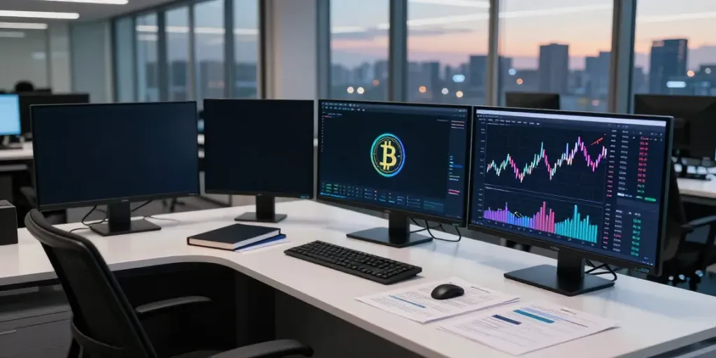 Crypto market data API utilized in a modern trading environment with real-time Binance and Ethereum data displayed on large monitors.