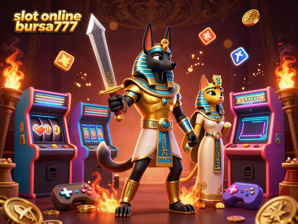 Menangkan jackpot dengan slot online bursa777, simbol keberuntungan dan mesin slot yang bersinar.