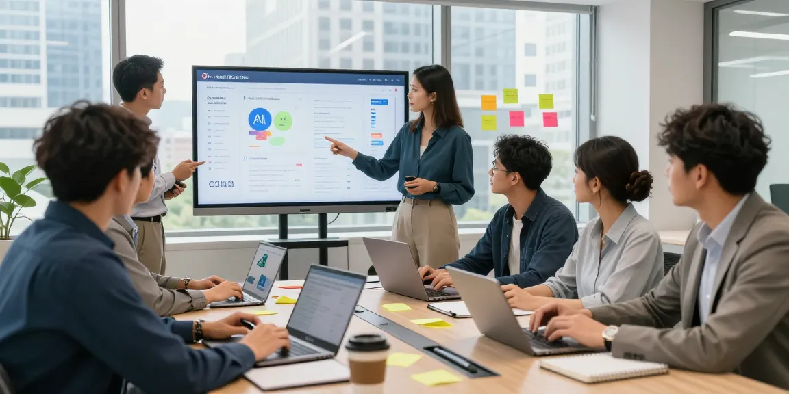 How does AI create Jobs Opportunities through team collaboration in a modern office environment with data analysis and brainstorming.