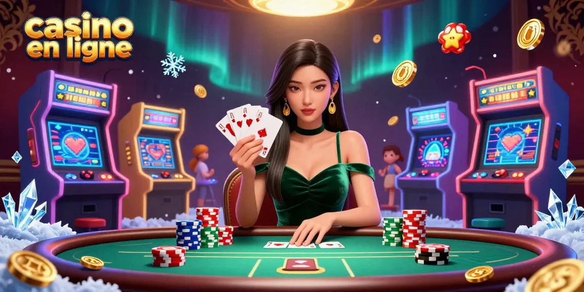 Jouez au casino en ligne avec des éléments de jeu vibrants et une scène de poker stratégique mettant en vedette une femme asiatique