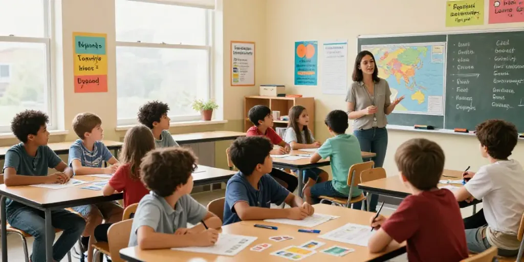 Toto English learning classroom featuring students actively engaged with colorful learning materials.