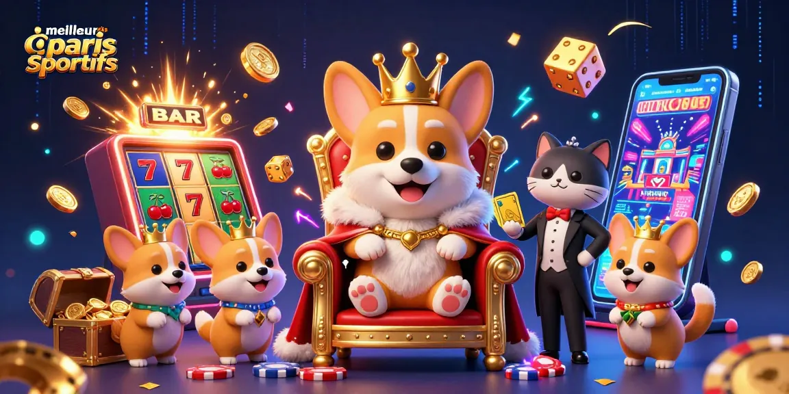 meilleurs sites de paris sportifs : illustration d'un corgi royal dans un casino coloré entouré de machines à sous et d'effets lumineux