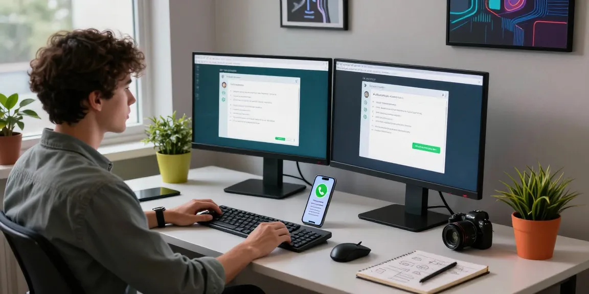 Engaged professional using WhatsApp網頁版 on dual monitors in a modern workspace.