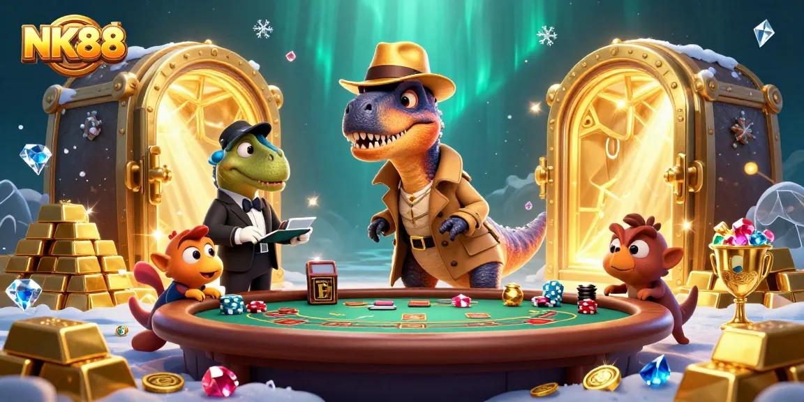 NK88 offers thrilling blackjack action with a velociraptor card counter, surrounded by treasures.