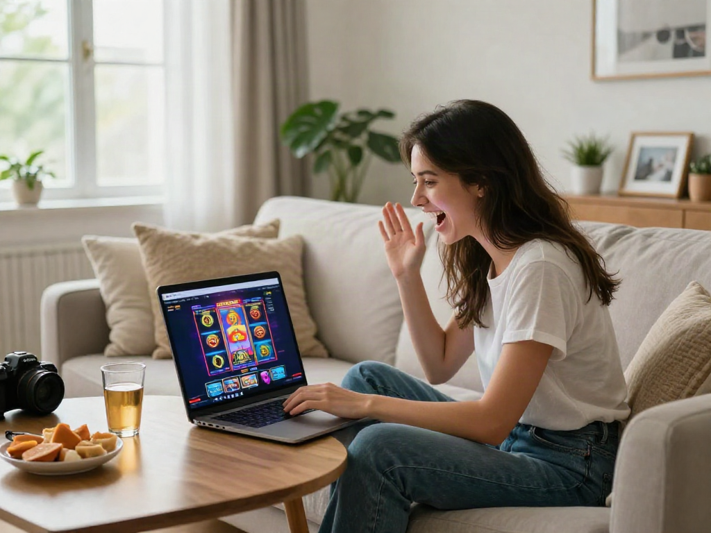 Woman enjoying slot gacor game on smartphone in cozy living room.