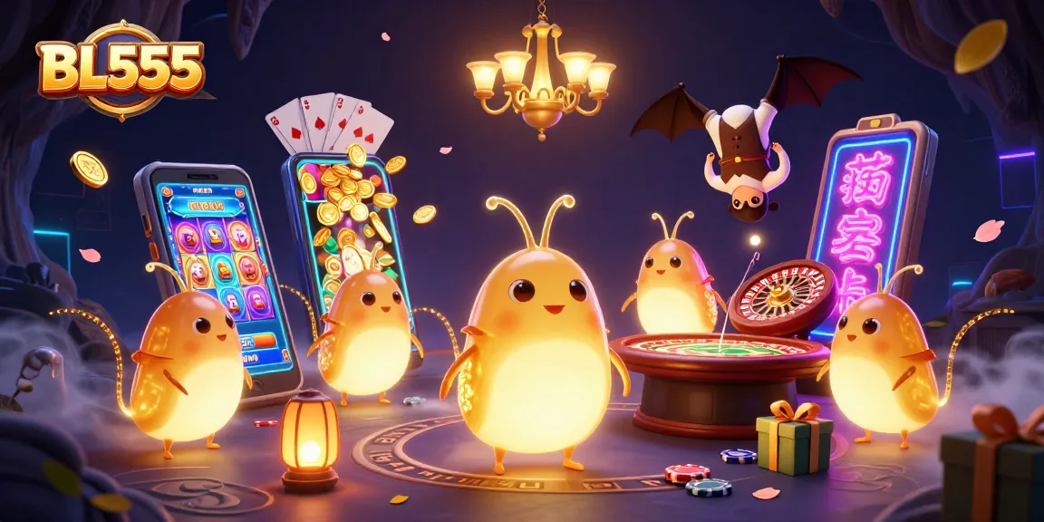 Engage in exciting casino action at BL555 with colorful slots, radiant glowworms, and a bat dealer.