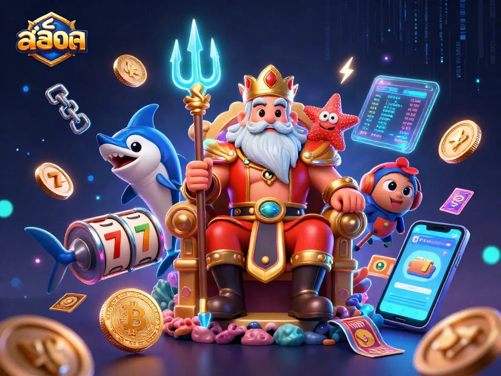 การเล่นสล็อตออนไลน์ในโลกดิจิทัล พร้อมสัญลักษณ์ 7, เกมสล็อต และเหรียญ Bitcoin