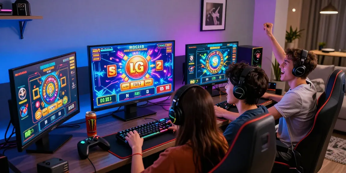 Friends enjoying oppa86 online slot games in an exciting gaming setup with vibrant graphics.