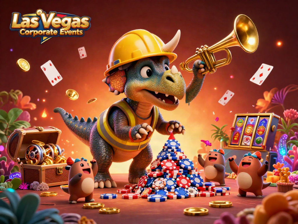 Las Vegas Corporate Events come alive with a lively 3D scene of cartoon characters celebrating and gaming amidst vibrant casino elements.