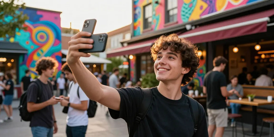 Person capturing selfie in vibrant urban setting, exploring look alikes of famous people.