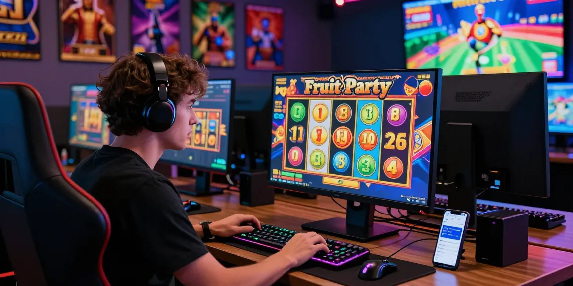 Exciting "Fruit Party" slot game scene with a focused player using a high-tech gaming setup.
