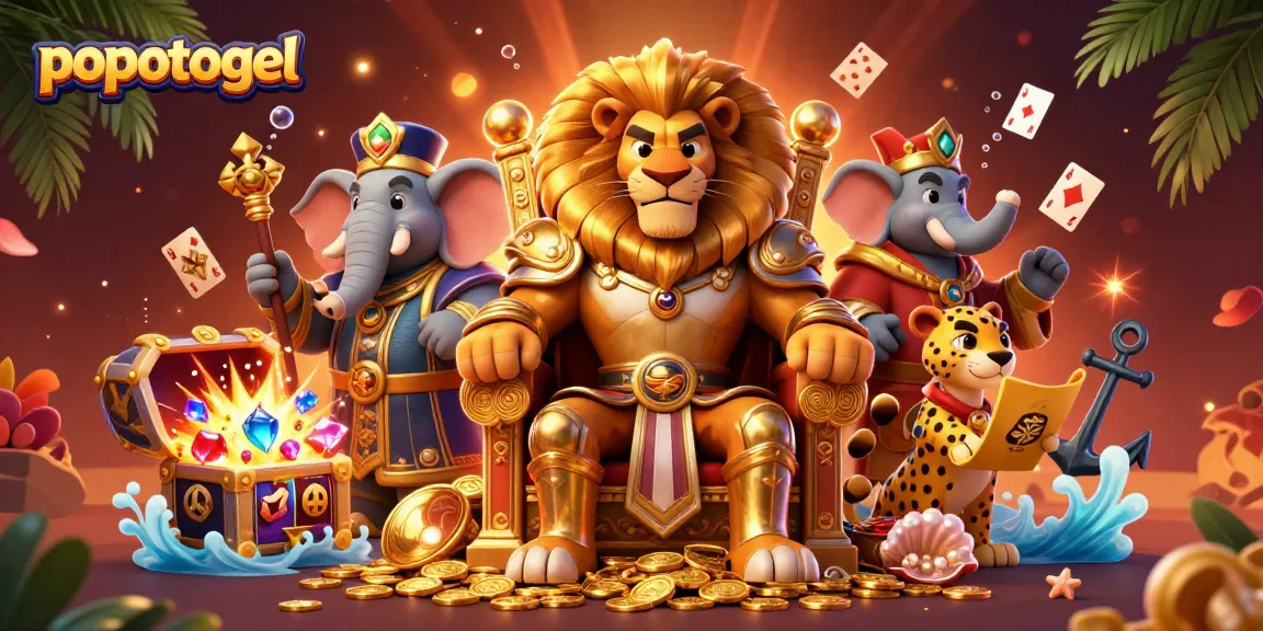 Experience popotogel's vibrant gaming realm with a lavish lion king and exhilarating slot elements.