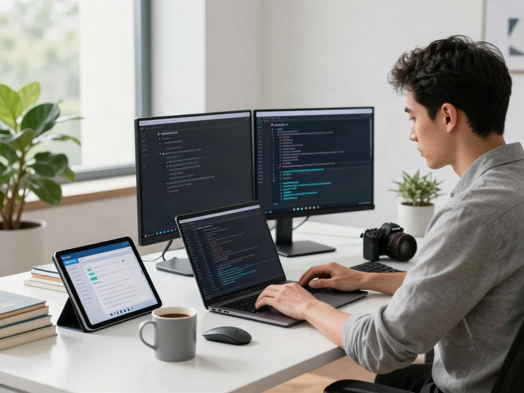 Brave browser showcased on dual monitors in a modern tech workspace