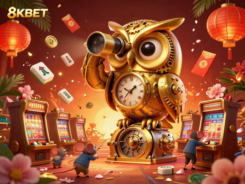 Experience the excitement of 8KBET with a vibrant scene of golden owl, charming mice, and festive casino elements.