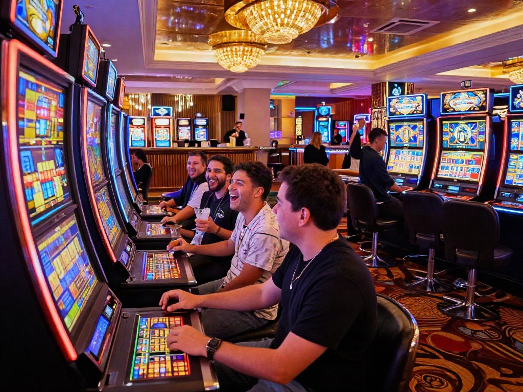 Exciting slot bet 100 scene in vibrant casino with players engaged at machines