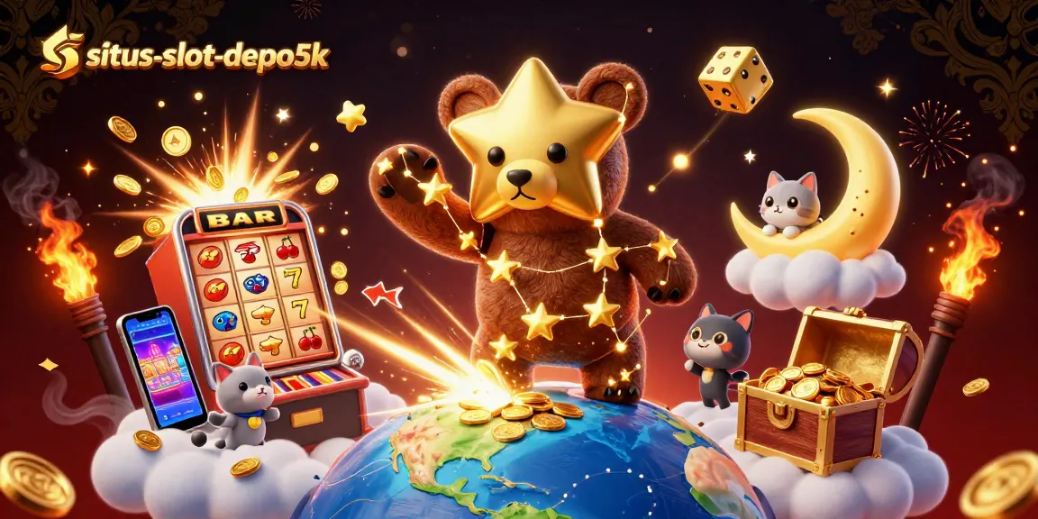 Scoop coins with situs-slot-depo5k in a vibrant 3D jackpot scene including slot machines, golden treasures, and playful characters.