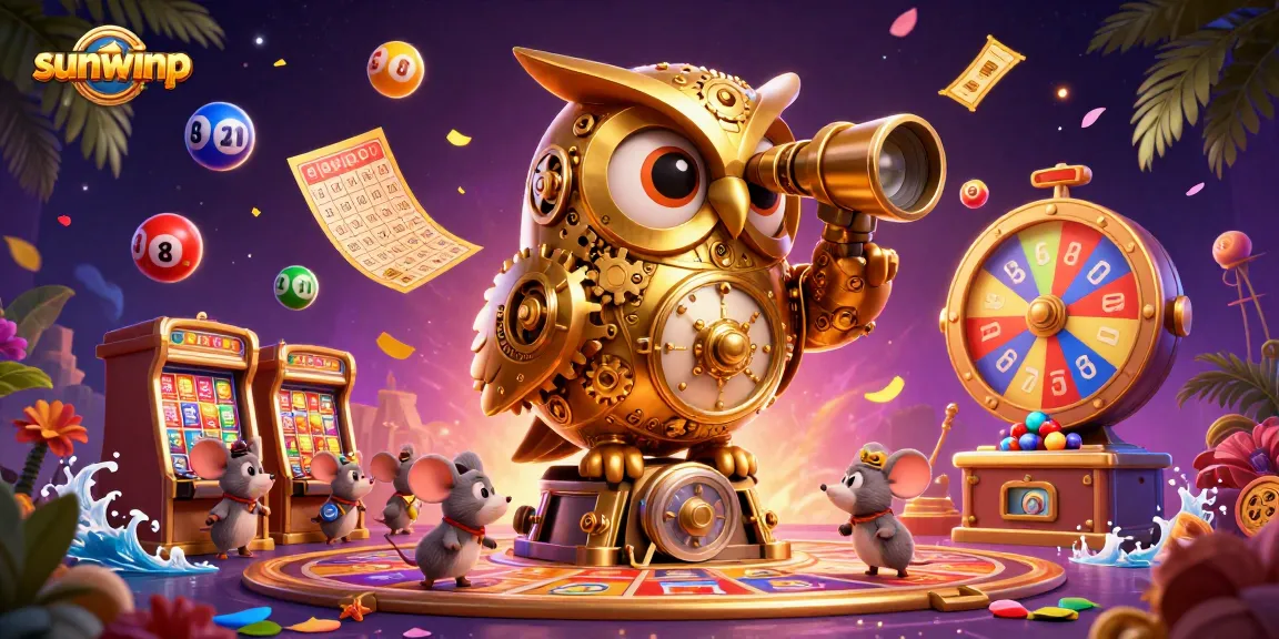 Play casino games at sunwinp with a whimsical owl overseeing vibrant lottery balls and casino action.