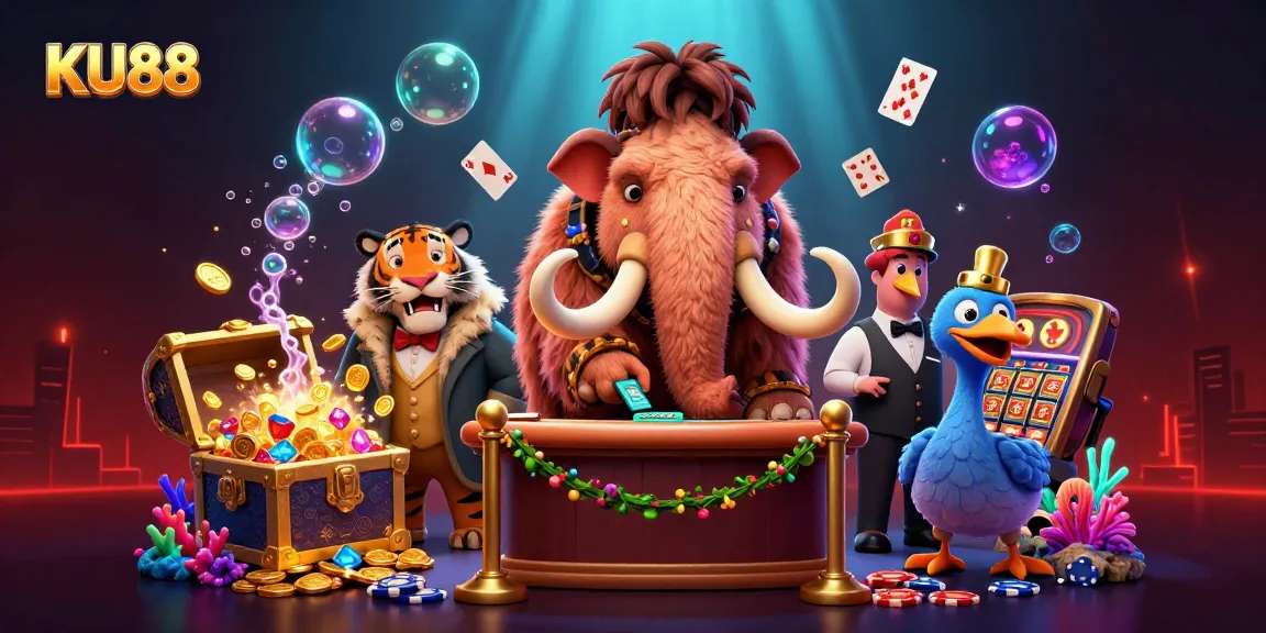 Experience thrilling gameplay at KU88 featuring a charismatic mammoth bouncer welcoming VIPs to a vibrant casino scene.