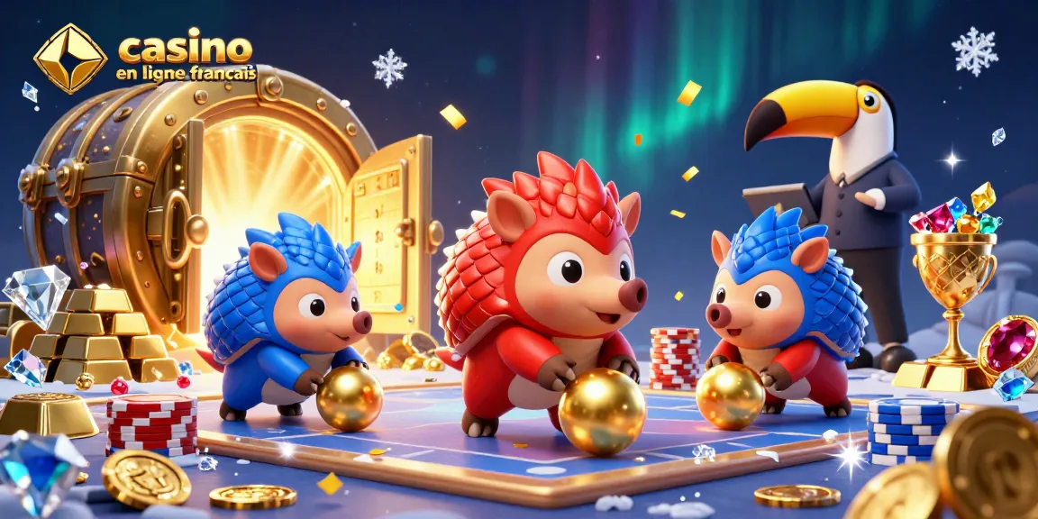 Illustration dynamique de pangolins rivalisant au casino en ligne français, entourés de trésors scintillants.