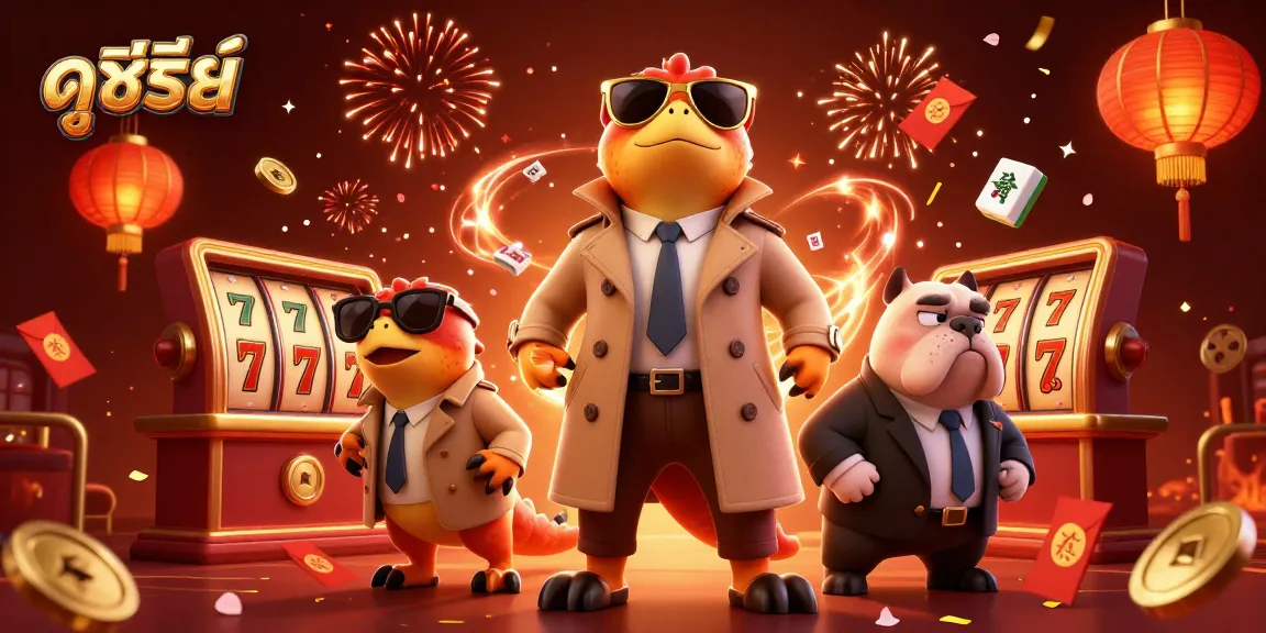 Experience ดูซีรี่ย์ in a vibrant casino scene with animated raptors and lively gaming elements.