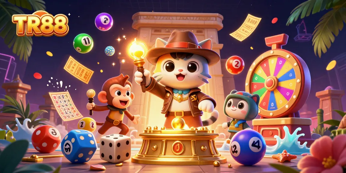 TR88 illustrates an online casino adventure with vibrant lottery elements and dynamic game visuals.