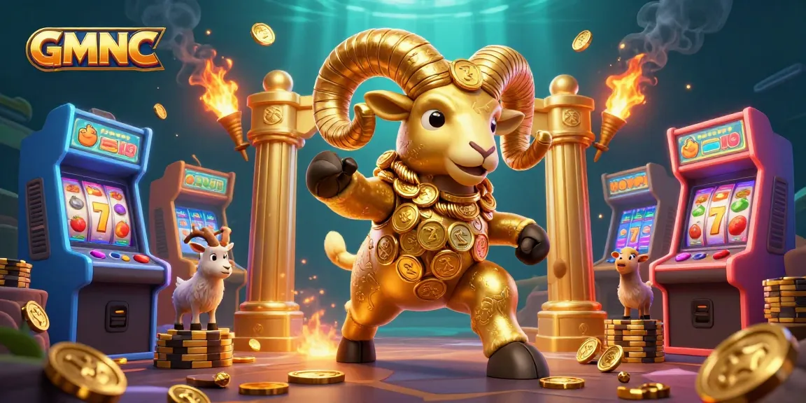Engage in thrilling gaming with GMNC's vibrant 3D illustration of a golden ram charging through a casino scene filled with slot reels.