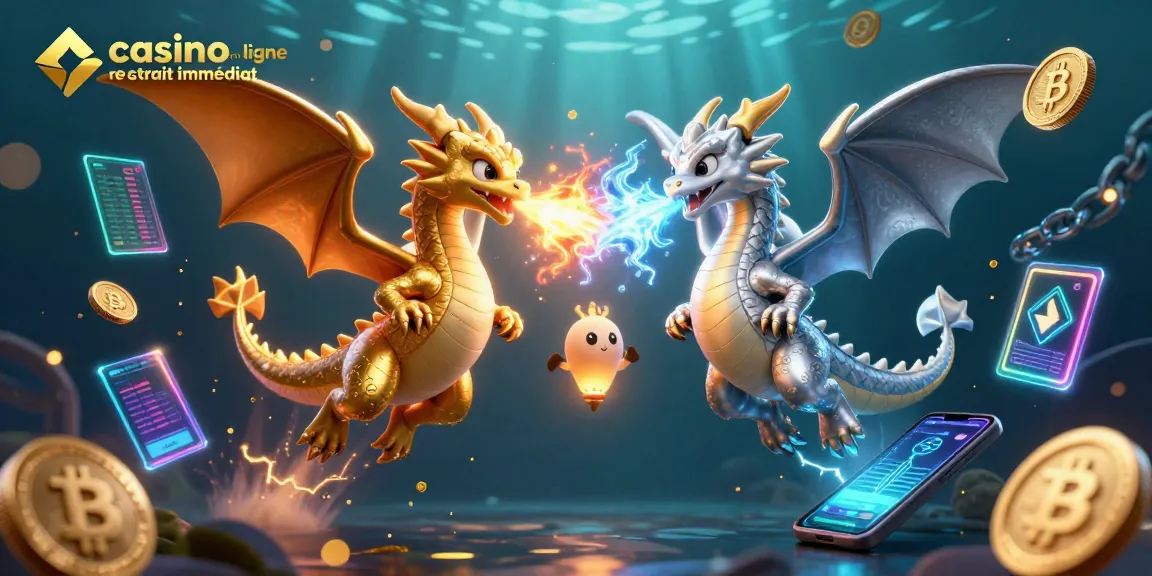 Casino en ligne retrait immédiat : dragons et éléments bitcoins dans une scène dynamique