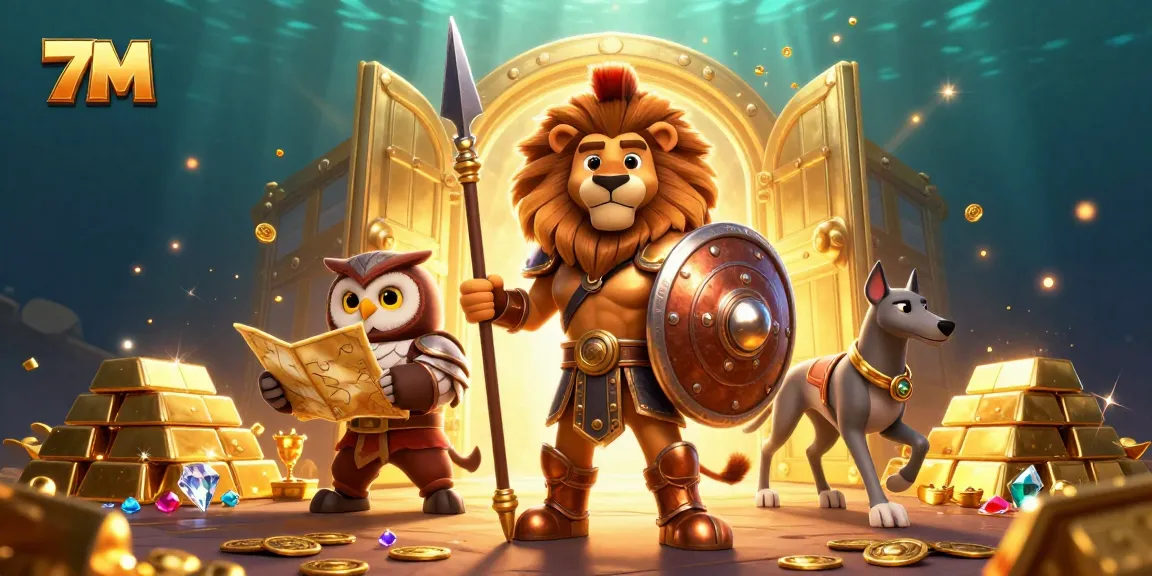 Experience 7M's thrilling atmospheres with a regal Spartan lion and dynamic characters amidst a treasure-filled casino.