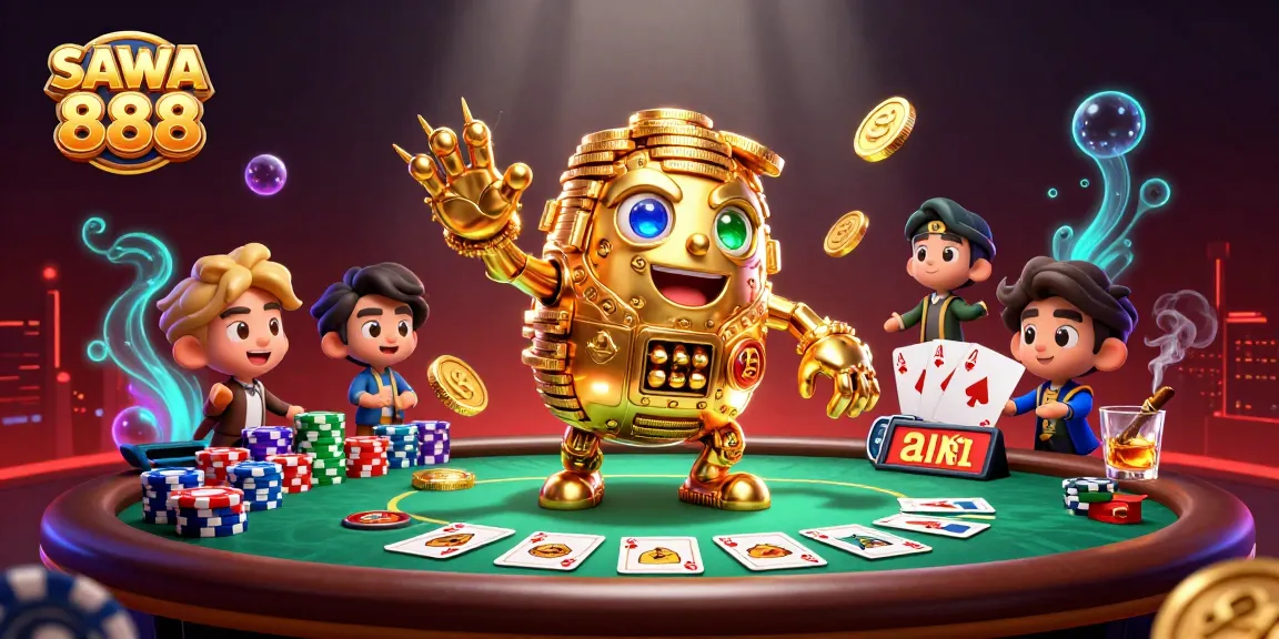 Experience endless gaming excitement with SAWA 888's vibrant casino scene featuring a golden golem and poker elements.