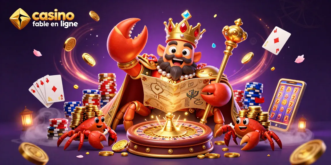 Découvrez un casino fiable en ligne avec un crabe empereur animé entouré de pièces d'or et de jeux d'argent.