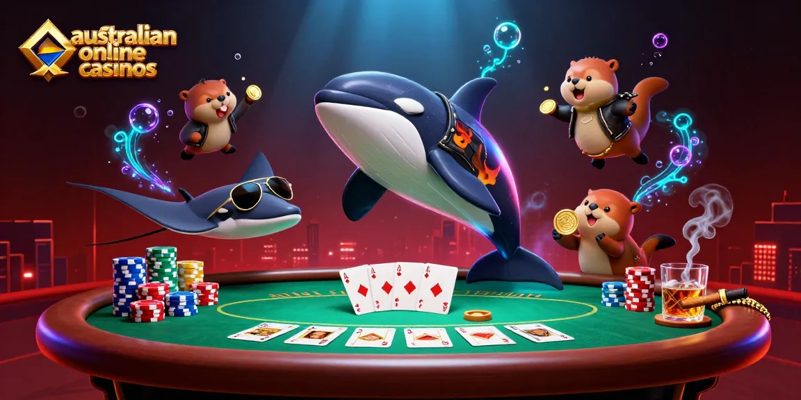 Engaging scene showcasing characters enjoying australian online casinos with poker elements.