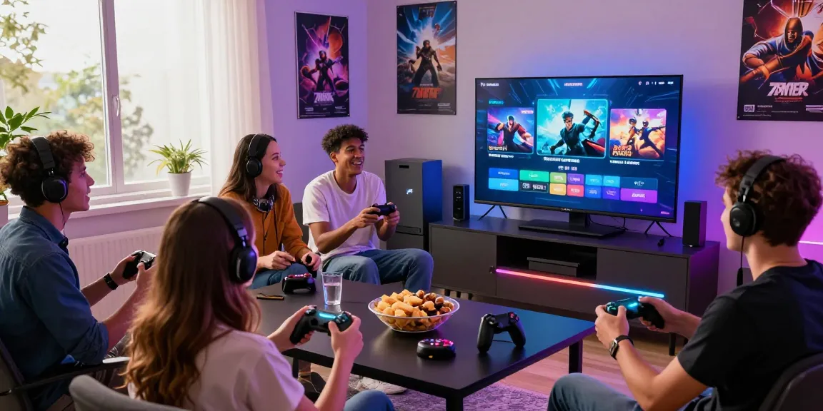 Friends enjoying a vibrant gaming night on 7meter with controllers and snacks in an inviting atmosphere.