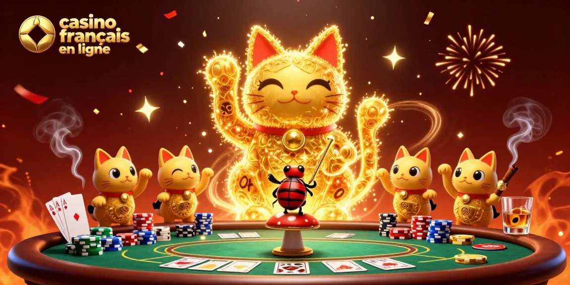 Illustration captivante montrant le casino français en ligne avec un chat porte-bonheur et des jetons de poker colorés.