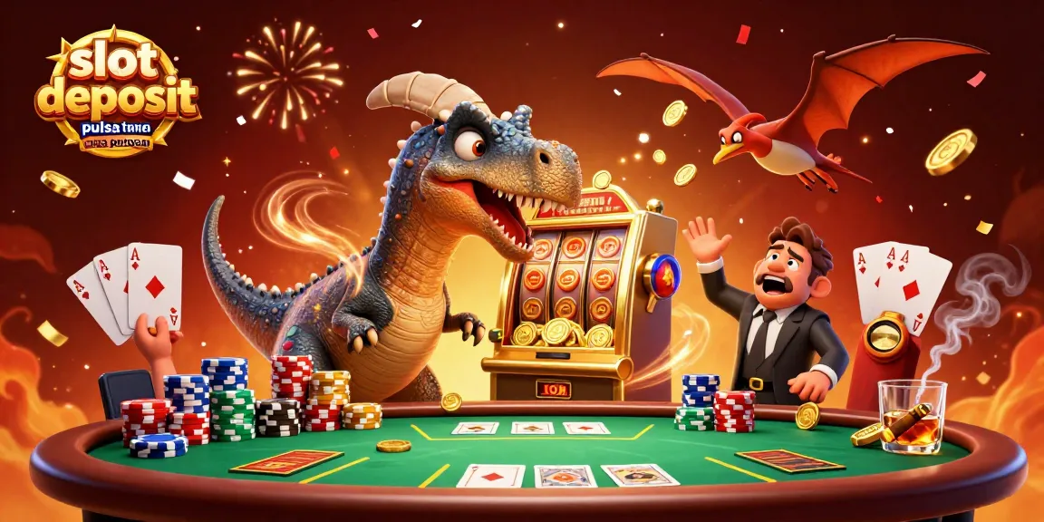 Permainan slot deposit pulsa tanpa potongan dengan dinosaurus sedang menyeruduk mesin slot emas untuk jackpot koin.