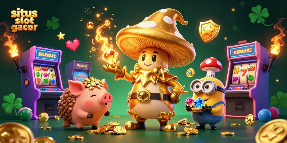 Engage with situs slot gacor featuring a magical mushroom wizard casting gold spells among vibrant slot machines.