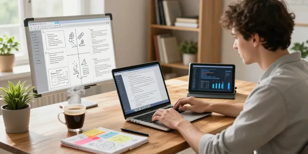 Creator utilizing AI tools for listicle articles in a bright home office workspace.