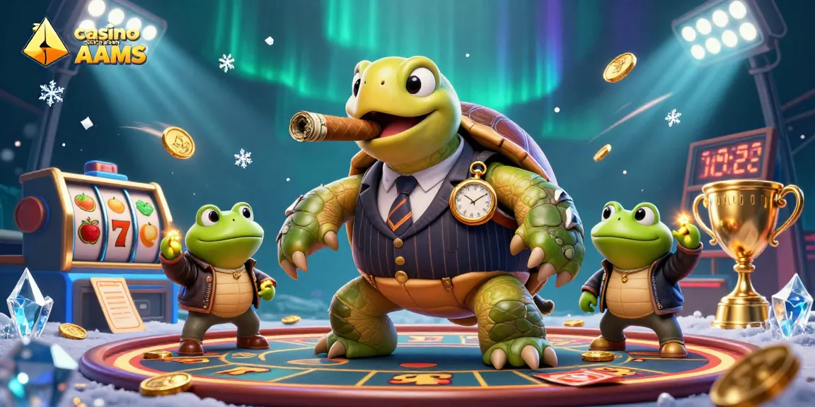 Giocando nei casino sicuri non AAMS, una tartaruga e rane con stili grintosi illuminano la scena del gioco.