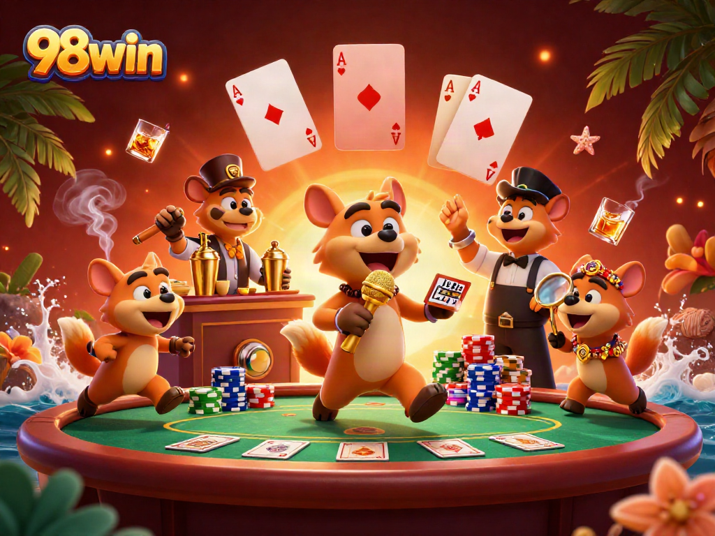 Hyenas animate a lively 98win casino club, blending comedy with gambling excitement.