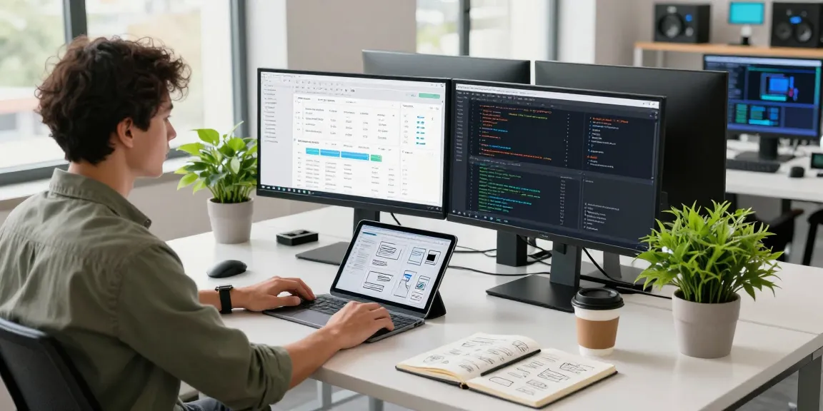Developer analyzing Kinetiq data analytics on dual monitors in a modern workspace.
