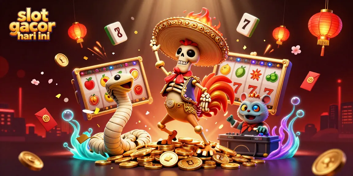 Spin to win with "slot gacor hari ini" as a mariachi rooster, mummy snake, and DJ hamster celebrate on a gold coin pile.