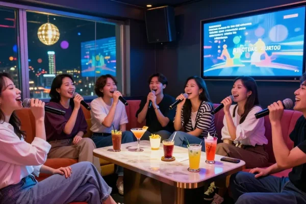 Karaoke fun at 강남가라오케 with friends enjoying vibrant nightlife.