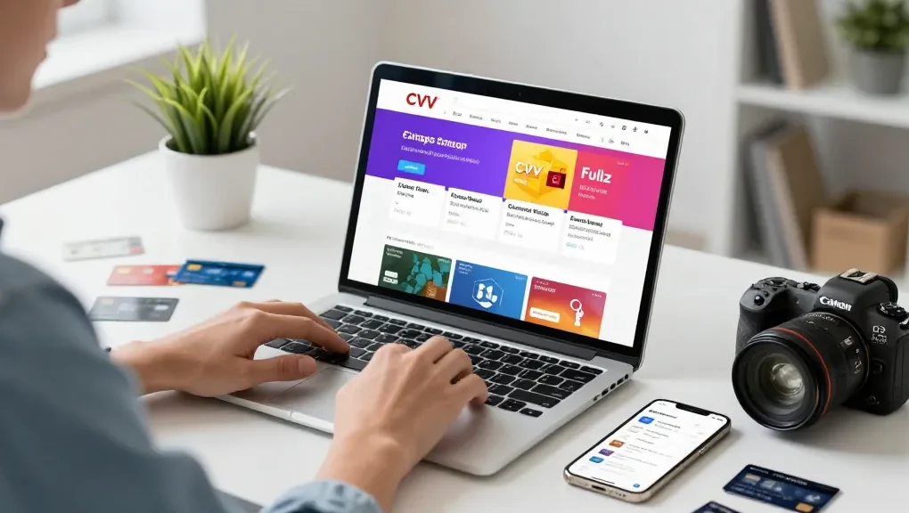 Browsing the fresh cvv shop for CVV dumps and fullz on a laptop at a stylish desk.