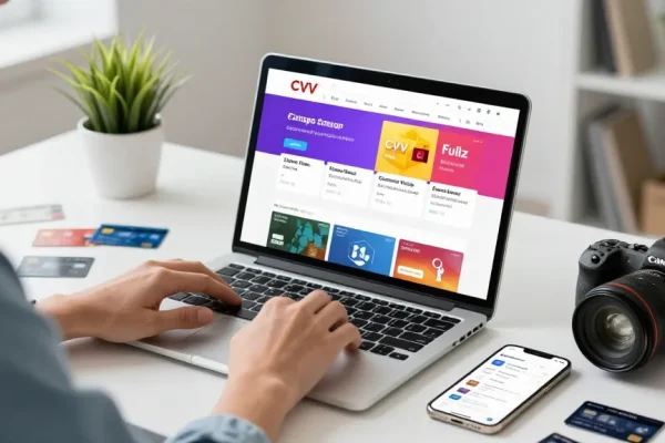 Browsing the fresh cvv shop for CVV dumps and fullz on a laptop at a stylish desk.