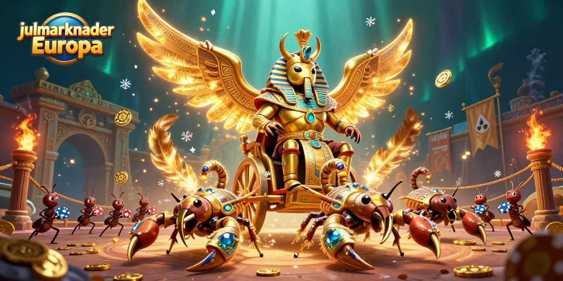 Engage with the festive atmosphere of julmarknader Europa in this vivid 3D illustration featuring a golden beetle and scorpions.