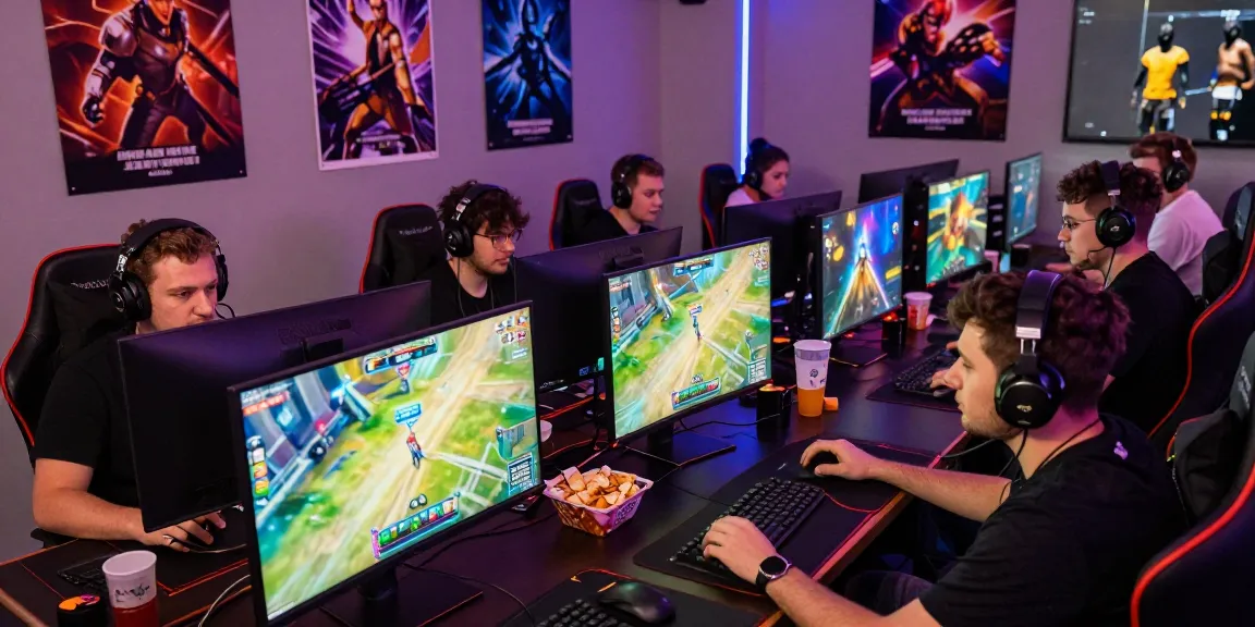 Terjun4D: komunitas gamer antusias bermain game online bersama di ruang gaming yang meriah.