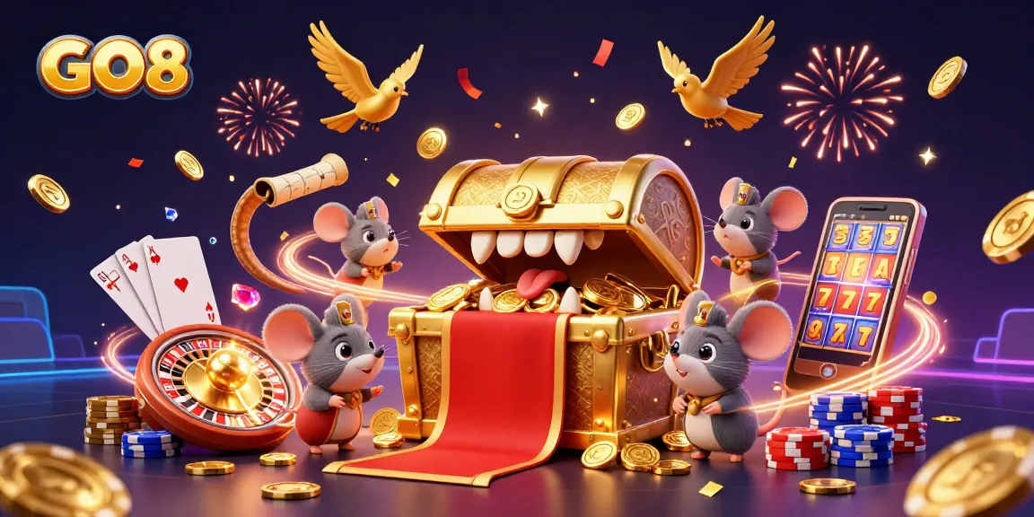 Engage with GO8's thrilling casino activities featuring treasure chests, sparkling gems, and vibrant gameplay.