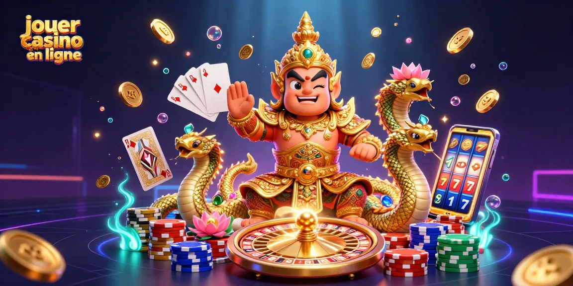 Jouer au casino en ligne avec un yaksha en armure dorée et des serpents Naga entourés de gemmes.