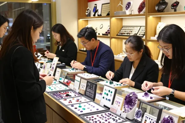Engaged shoppers exploring quality gemstones at https://www.mygemspot.com in an inviting marketplace.