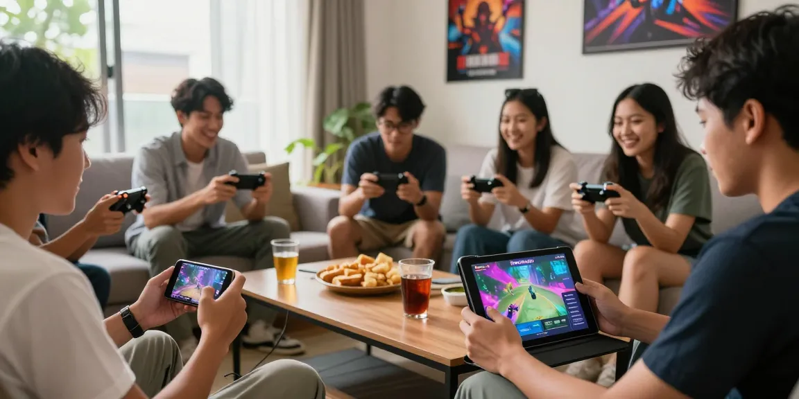 Indonesian friends enjoying multiplayer gaming on indocair platform in a cozy living room.